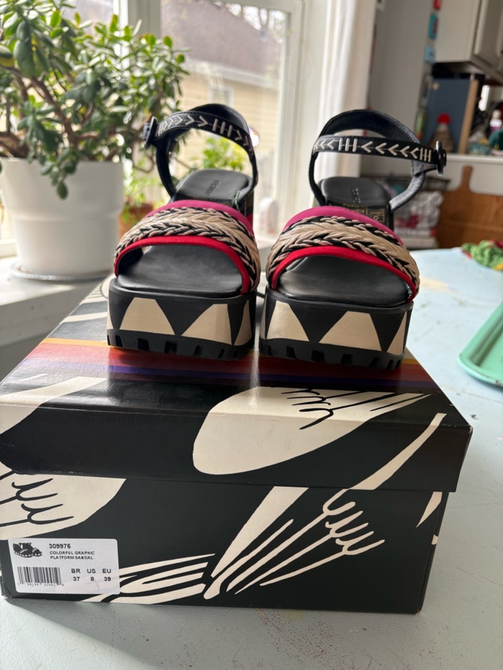 FARM Rio Black, Pink & Cream Platform Wedge Sandals with Geometric Trim - Picture 7 of 7